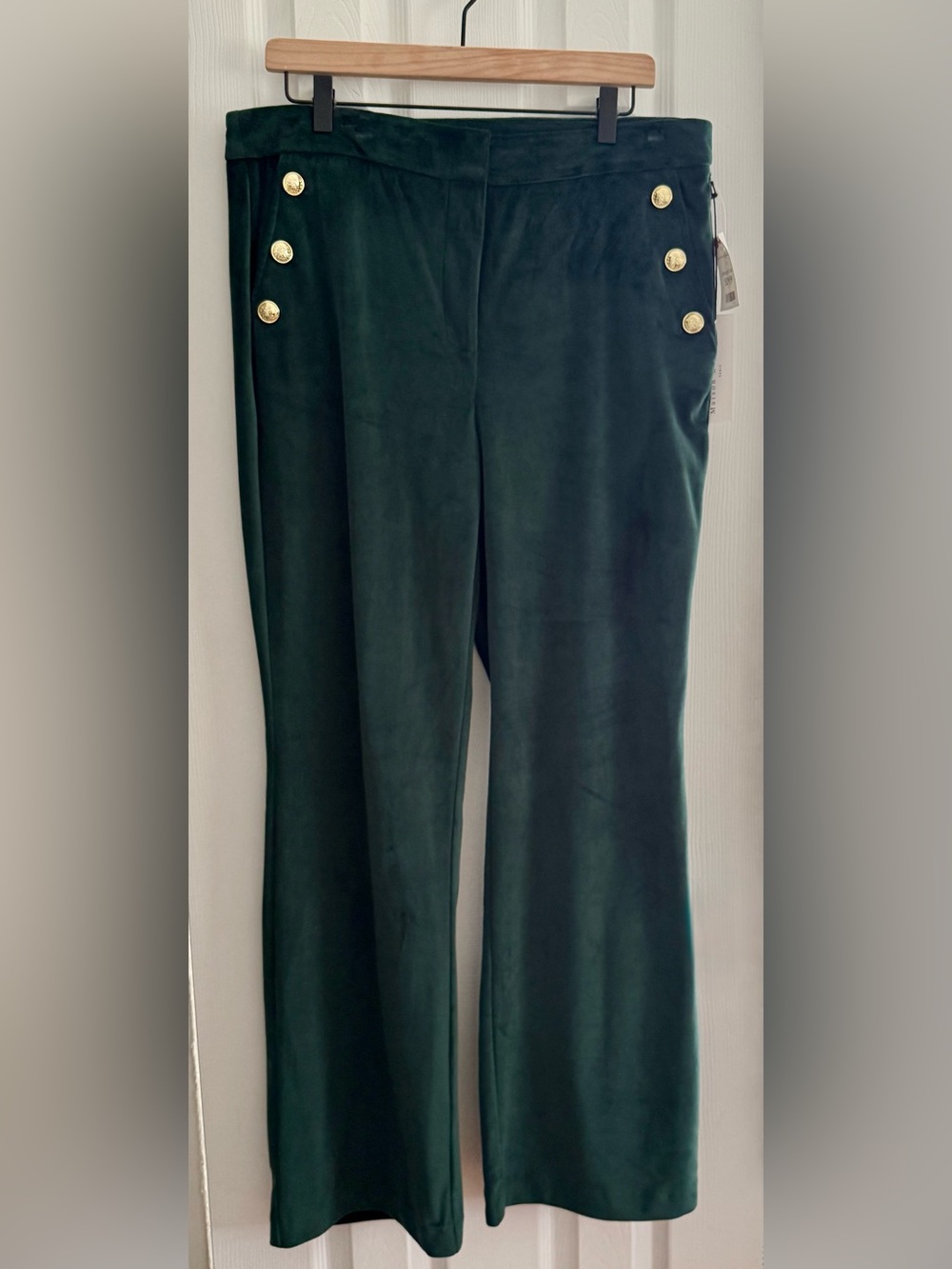 Maison D’Amelie Wide-Leg High-Rise Dark Green Pants with Gold Buttons